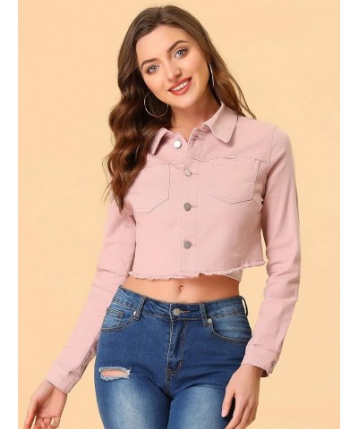 Women's Jean Jacket Frayed Button Up Washed Cropped Denim Jacket Pink $21.16 Jackets