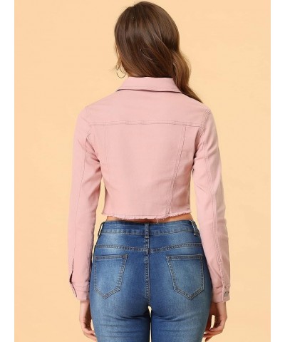 Women's Jean Jacket Frayed Button Up Washed Cropped Denim Jacket Pink $21.16 Jackets