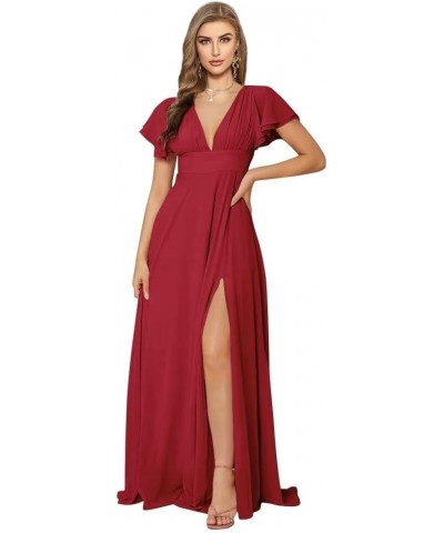 Women's Flutter Sleeve Bridesmaid Dresses for Wedding 2023 Long Chiffon A Line V Neck Prom Evening Gown with Slit Rosewood $2...