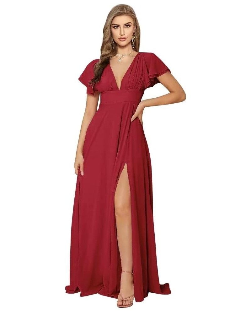 Women's Flutter Sleeve Bridesmaid Dresses for Wedding 2023 Long Chiffon A Line V Neck Prom Evening Gown with Slit Rosewood $2...