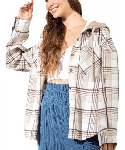 Women Flannel Plaid Button Down Hoodie Jacket Long Sleeve Shacket Casual Lapel Oversize Blouse Coat A Creamy White $22.19 Jac...