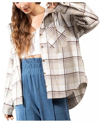 Women Flannel Plaid Button Down Hoodie Jacket Long Sleeve Shacket Casual Lapel Oversize Blouse Coat A Creamy White $22.19 Jac...