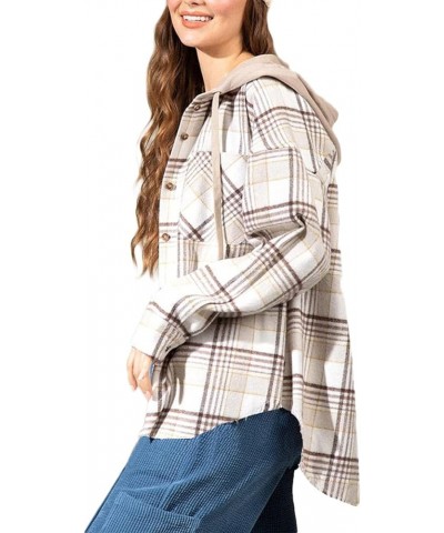 Women Flannel Plaid Button Down Hoodie Jacket Long Sleeve Shacket Casual Lapel Oversize Blouse Coat A Creamy White $22.19 Jac...