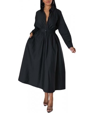 Women's Button Down Shirt A-line Dress Pleated Long Sleeve Casual Maxi Dresses Pockets Front Black $23.31 Dresses