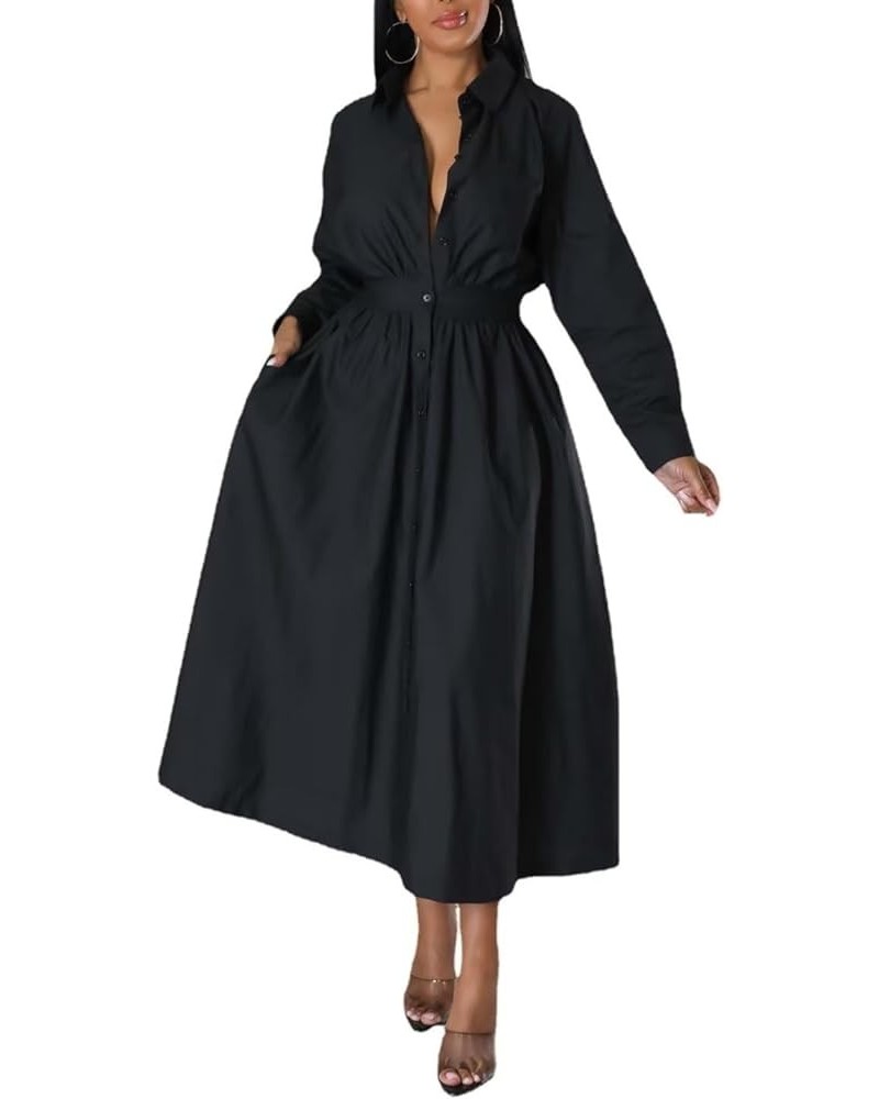 Women's Button Down Shirt A-line Dress Pleated Long Sleeve Casual Maxi Dresses Pockets Front Black $23.31 Dresses