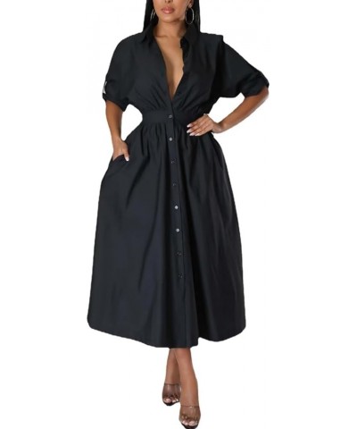 Women's Button Down Shirt A-line Dress Pleated Long Sleeve Casual Maxi Dresses Pockets Front Black $23.31 Dresses