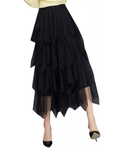 Tulle Skirts for Women, Women's Tulle Skirt Formal High Low Asymmetrical Midi Tea-Length Elastic Waist Tutu Skirts Black $7.8...