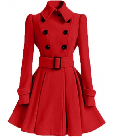 Womens Swing Wool Blend Pea Coat Double Breasted Trench Coat With Belt Red $22.83 Coats