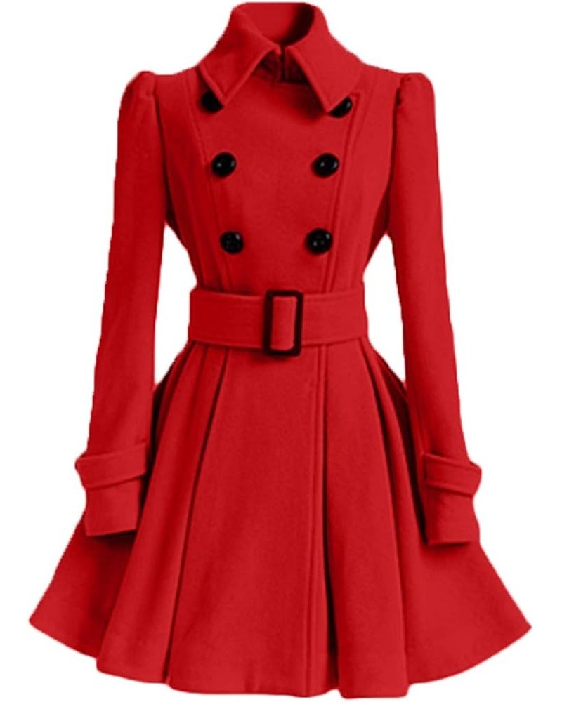 Womens Swing Wool Blend Pea Coat Double Breasted Trench Coat With Belt Red $22.83 Coats