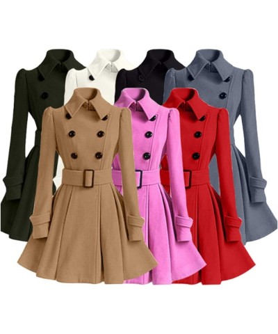 Womens Swing Wool Blend Pea Coat Double Breasted Trench Coat With Belt Red $22.83 Coats