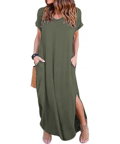 Women's Summer V Neck Maxi Dresses Casual Short Sleeve Split Beach Long Dress with Pockets Army Green $10.50 Dresses