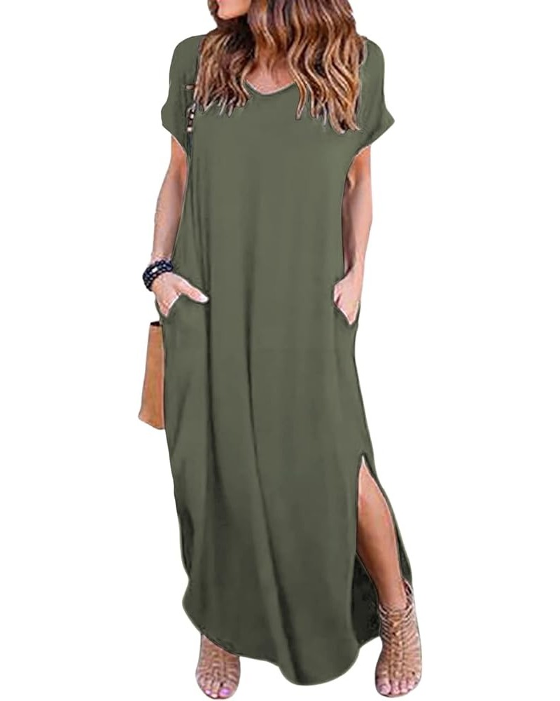 Women's Summer V Neck Maxi Dresses Casual Short Sleeve Split Beach Long Dress with Pockets Army Green $10.50 Dresses