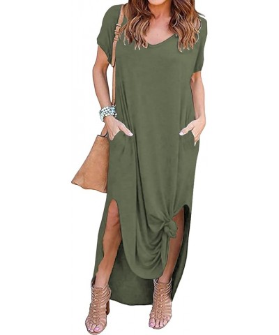 Women's Summer V Neck Maxi Dresses Casual Short Sleeve Split Beach Long Dress with Pockets Army Green $10.50 Dresses