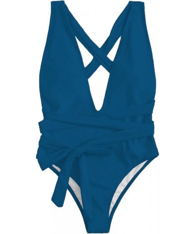 Sexy Tie Criss Cross Plunge One Piece Thong Swimsuit High Cut Brazilian Bathing Suit Dark Blue $16.80 Swimsuits