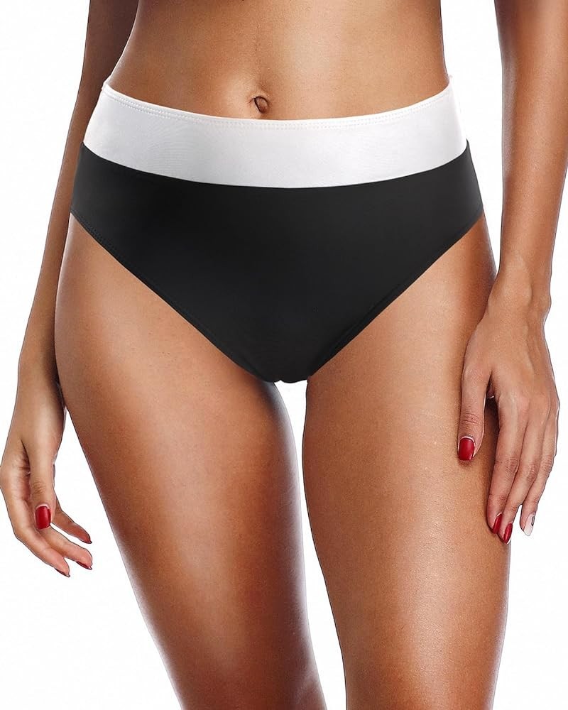 Women High Waisted Bikini Bottoms Full Coverage Swim Bottom Tummy Control Swimsuit Bottom Black White $14.39 Swimsuits