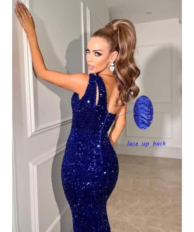 Women's One Shoulder Sequin Prom Dresses 2024 Long Mermaid Formal Evening Party Gowns with Slit Royal Blue $44.19 Dresses