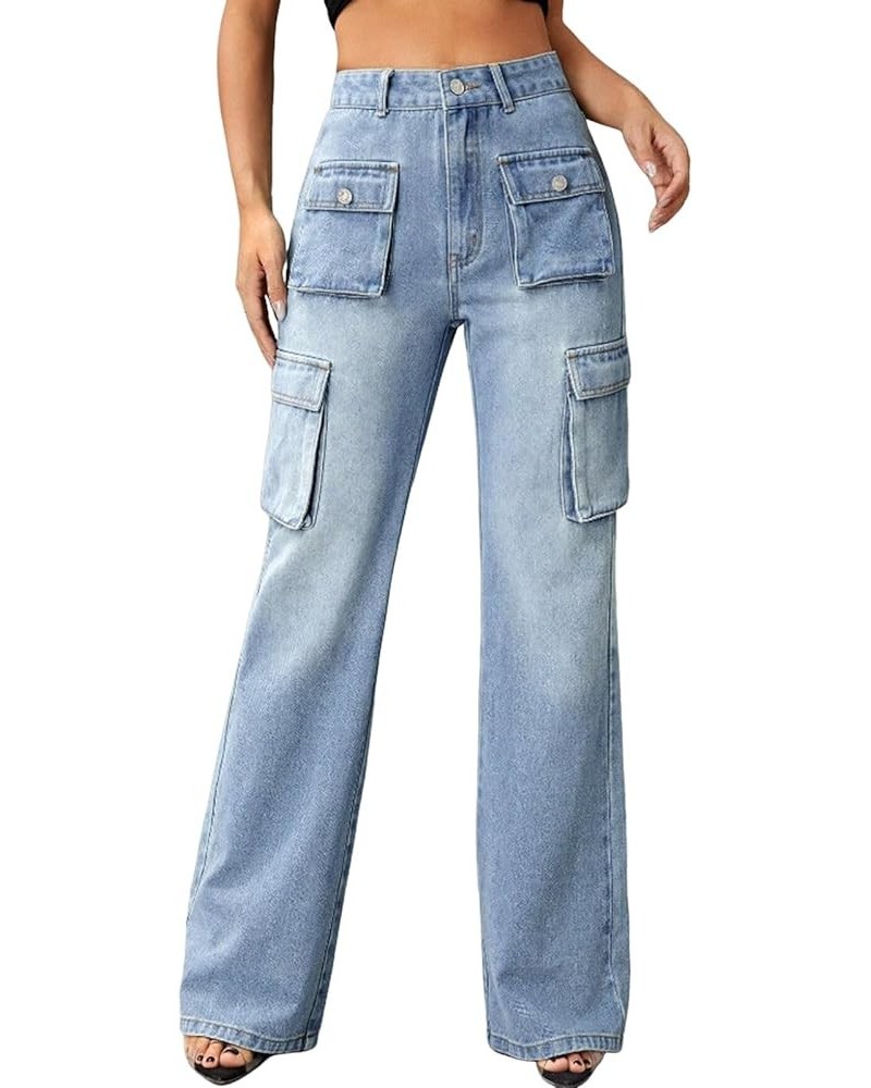 Women's High Waist Baggy Jeans Flap Pocket Relaxed Fit Straight Wide Leg Y2K Fashion Cargo Jeans with 6 Pockets Zx01-blue $12...