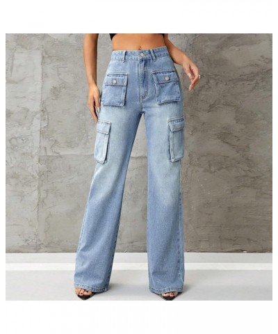 Women's High Waist Baggy Jeans Flap Pocket Relaxed Fit Straight Wide Leg Y2K Fashion Cargo Jeans with 6 Pockets Zx01-blue $12...