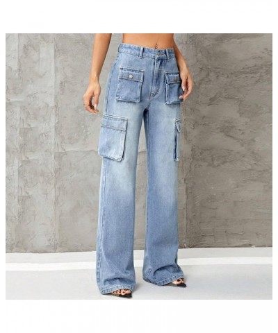 Women's High Waist Baggy Jeans Flap Pocket Relaxed Fit Straight Wide Leg Y2K Fashion Cargo Jeans with 6 Pockets Zx01-blue $12...