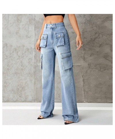 Women's High Waist Baggy Jeans Flap Pocket Relaxed Fit Straight Wide Leg Y2K Fashion Cargo Jeans with 6 Pockets Zx01-blue $12...