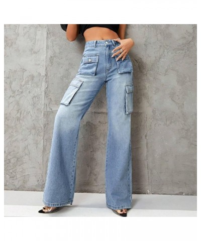 Women's High Waist Baggy Jeans Flap Pocket Relaxed Fit Straight Wide Leg Y2K Fashion Cargo Jeans with 6 Pockets Zx01-blue $12...