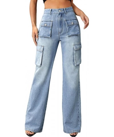 Women's High Waist Baggy Jeans Flap Pocket Relaxed Fit Straight Wide Leg Y2K Fashion Cargo Jeans with 6 Pockets Zx01-blue $12...