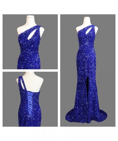 Women's One Shoulder Sequin Prom Dresses 2024 Long Mermaid Formal Evening Party Gowns with Slit Royal Blue $44.19 Dresses