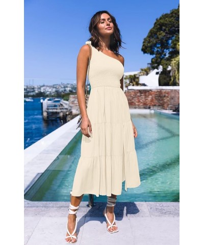 Women's Summer One Shoulder Sleeveless Knot Smocked Midi Dress Split Tiered Flowy Dresses Beige $27.43 Dresses