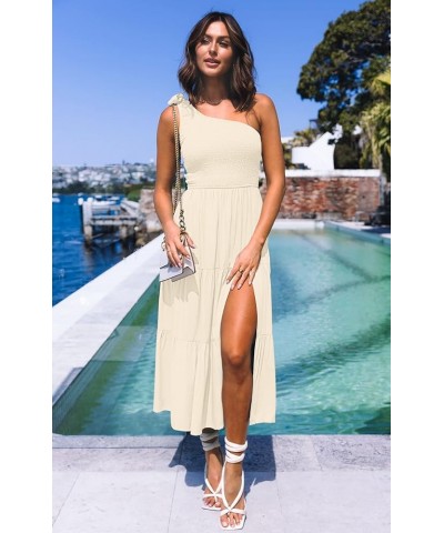 Women's Summer One Shoulder Sleeveless Knot Smocked Midi Dress Split Tiered Flowy Dresses Beige $27.43 Dresses