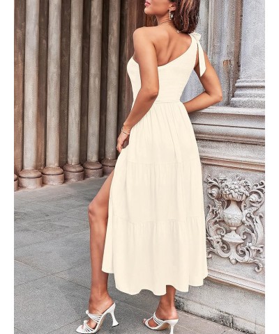 Women's Summer One Shoulder Sleeveless Knot Smocked Midi Dress Split Tiered Flowy Dresses Beige $27.43 Dresses