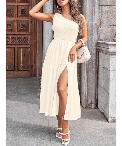 Women's Summer One Shoulder Sleeveless Knot Smocked Midi Dress Split Tiered Flowy Dresses Beige $27.43 Dresses