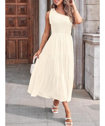 Women's Summer One Shoulder Sleeveless Knot Smocked Midi Dress Split Tiered Flowy Dresses Beige $27.43 Dresses