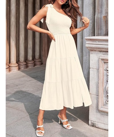 Women's Summer One Shoulder Sleeveless Knot Smocked Midi Dress Split Tiered Flowy Dresses Beige $27.43 Dresses