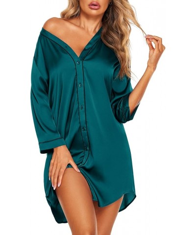 Satin Button Down Nightgown Women 3/4 Sleeve Silk Sleepshirt V-Neck Boyfriend Nightshirt S-XXL Dark Green $14.30 Sleep & Lounge