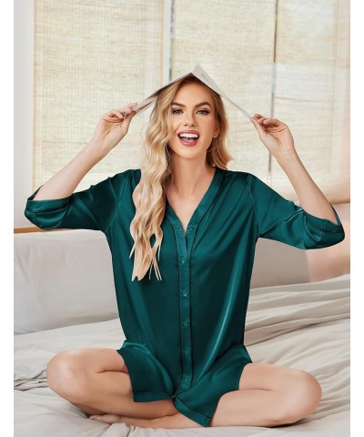 Satin Button Down Nightgown Women 3/4 Sleeve Silk Sleepshirt V-Neck Boyfriend Nightshirt S-XXL Dark Green $14.30 Sleep & Lounge