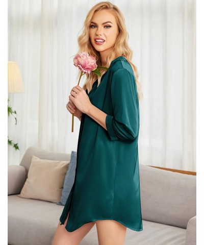 Satin Button Down Nightgown Women 3/4 Sleeve Silk Sleepshirt V-Neck Boyfriend Nightshirt S-XXL Dark Green $14.30 Sleep & Lounge