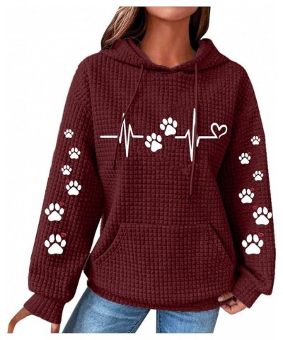 Dog Mom Women's Waffle Hoodies Cat Dog Paw Heart Graphic Sweatshirt with Pocket Drawstring Hooded Pullover Pink Wine $15.64 A...