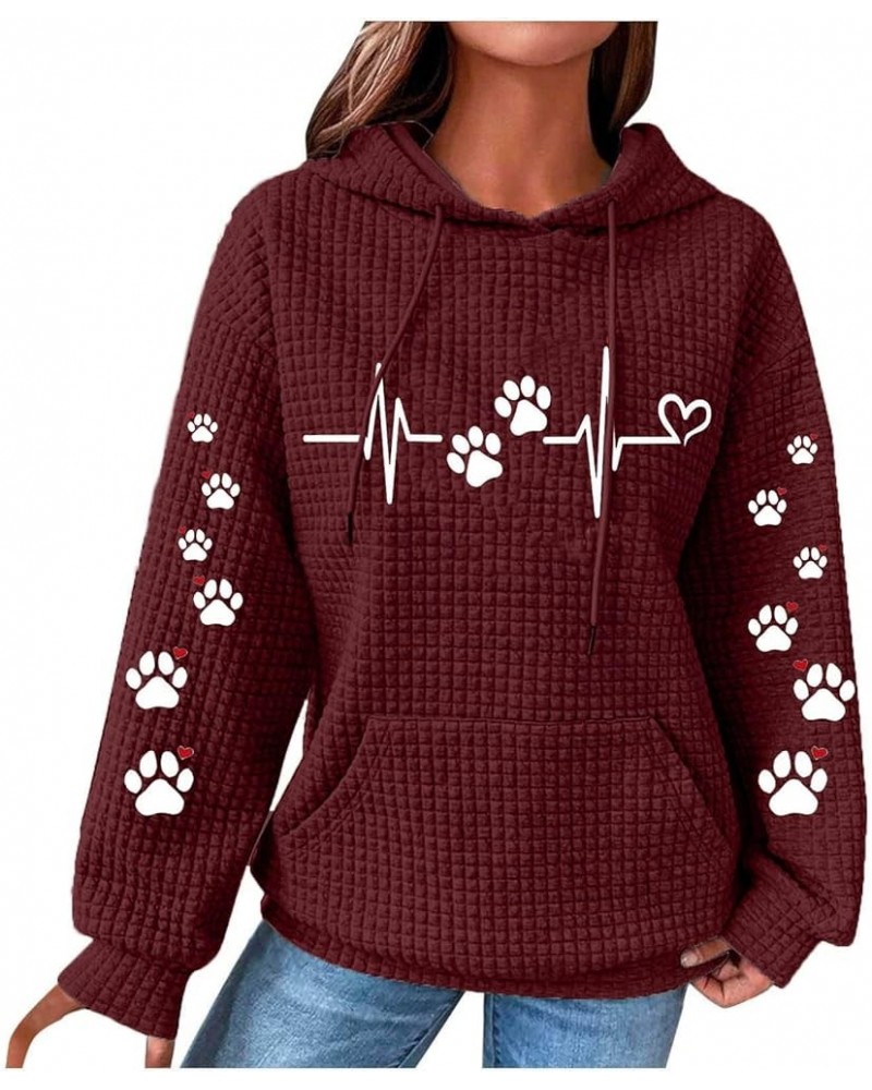 Dog Mom Women's Waffle Hoodies Cat Dog Paw Heart Graphic Sweatshirt with Pocket Drawstring Hooded Pullover Pink Wine $15.64 A...