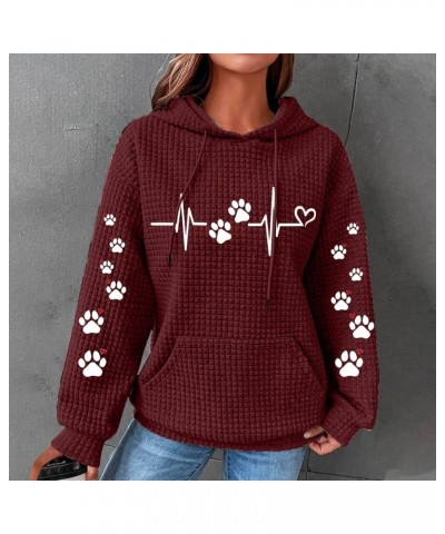 Dog Mom Women's Waffle Hoodies Cat Dog Paw Heart Graphic Sweatshirt with Pocket Drawstring Hooded Pullover Pink Wine $15.64 A...