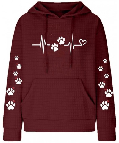 Dog Mom Women's Waffle Hoodies Cat Dog Paw Heart Graphic Sweatshirt with Pocket Drawstring Hooded Pullover Pink Wine $15.64 A...