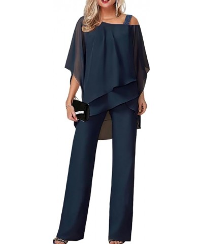 Womens 2 Piece Outfits Dressy Pant Suits for a Wedding Casual Irregular Chiffon Wide Leg Pant Sets Style1-navy Blue $25.87 Suits