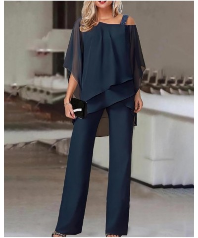 Womens 2 Piece Outfits Dressy Pant Suits for a Wedding Casual Irregular Chiffon Wide Leg Pant Sets Style1-navy Blue $25.87 Suits