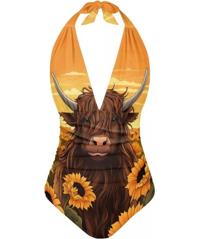 Women's One Piece Swimsuit Tummy Control Bathing Suit Halter Swimwear Highland Cow $15.80 Swimsuits