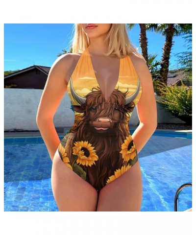 Women's One Piece Swimsuit Tummy Control Bathing Suit Halter Swimwear Highland Cow $15.80 Swimsuits