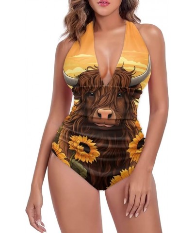 Women's One Piece Swimsuit Tummy Control Bathing Suit Halter Swimwear Highland Cow $15.80 Swimsuits