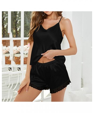 Pajamas Set Soft Women Satin Sleepwear Lingerie 2 Piece Silk Pjs Cami Top and Shorts Silky Sleepwear Lounge Sets Zx07-black $...