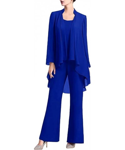 Plus Size Mother of Bride Pant Suits 3 Piece Chiffon Sets Wedding Guest Outfit Pantsuits Royal Blue $31.50 Suits