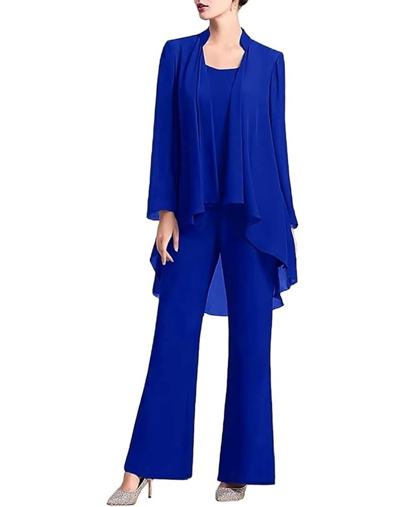 Plus Size Mother of Bride Pant Suits 3 Piece Chiffon Sets Wedding Guest Outfit Pantsuits Royal Blue $31.50 Suits