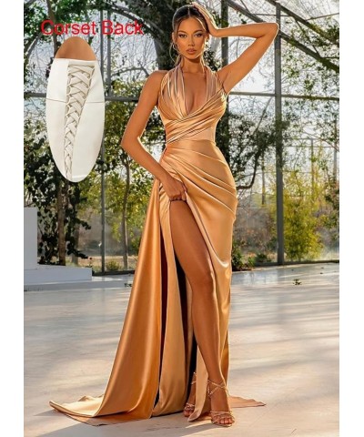 Mermaid Prom Dresses Long for Women Sweep Train Formal Party Gowns Satin Halter Evening Dress with Slit Peacock $34.00 Dresses