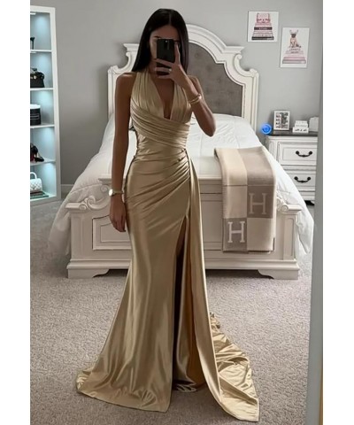 Mermaid Prom Dresses Long for Women Sweep Train Formal Party Gowns Satin Halter Evening Dress with Slit Peacock $34.00 Dresses